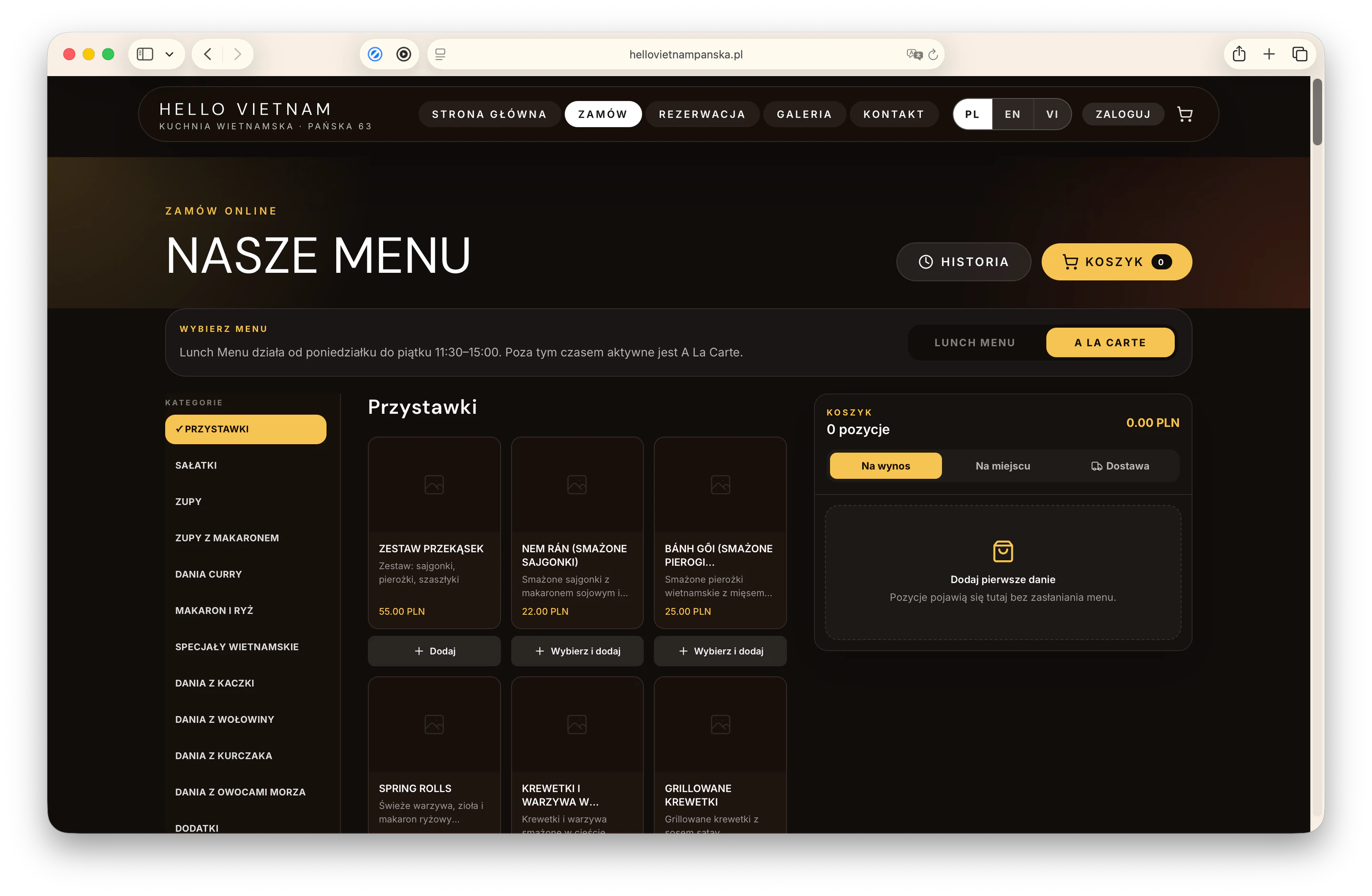 System zamówień online restauracji z menu i koszykiem