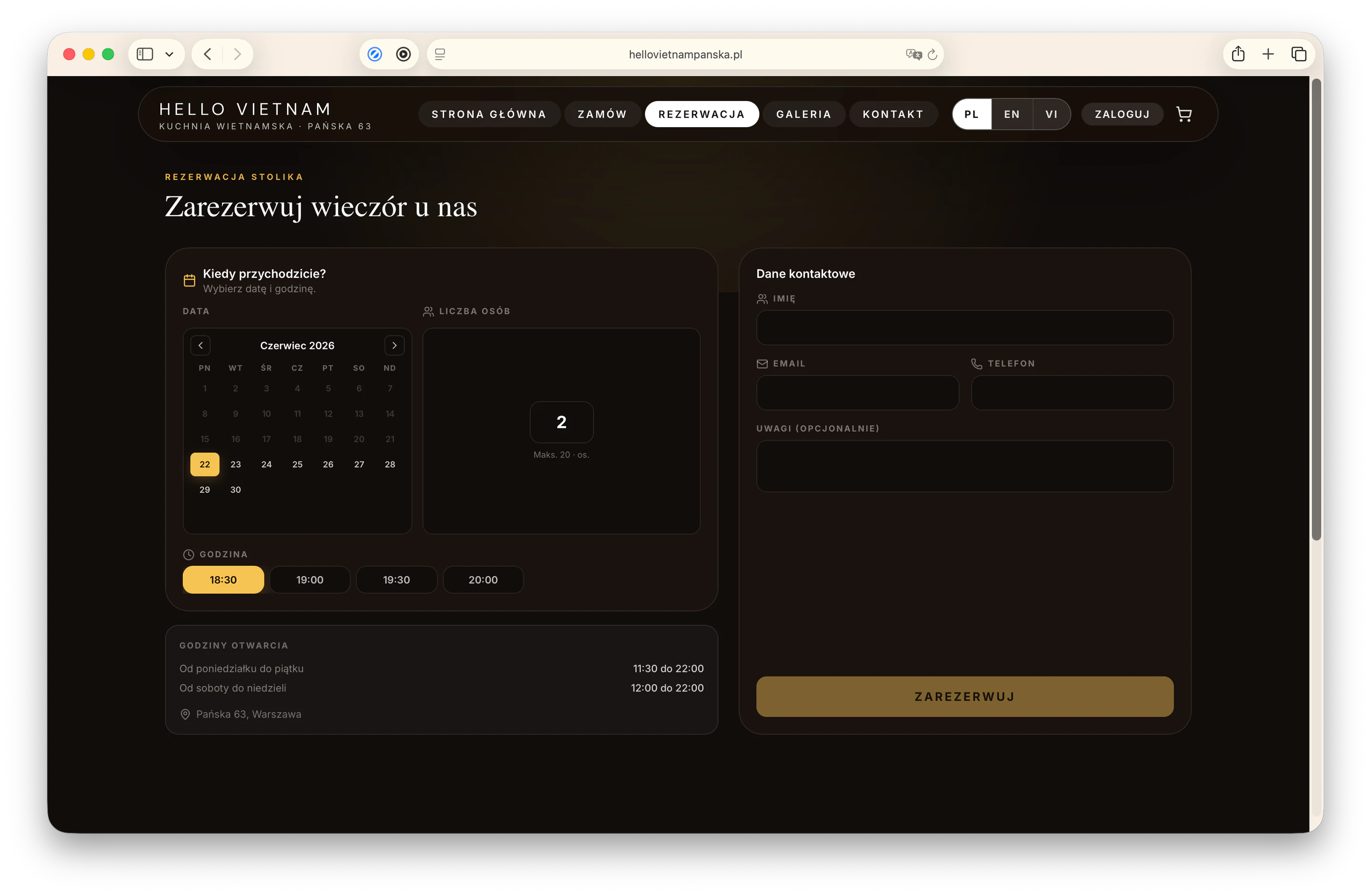 Formularz rezerwacji na stronie restauracji Hello Vietnam
